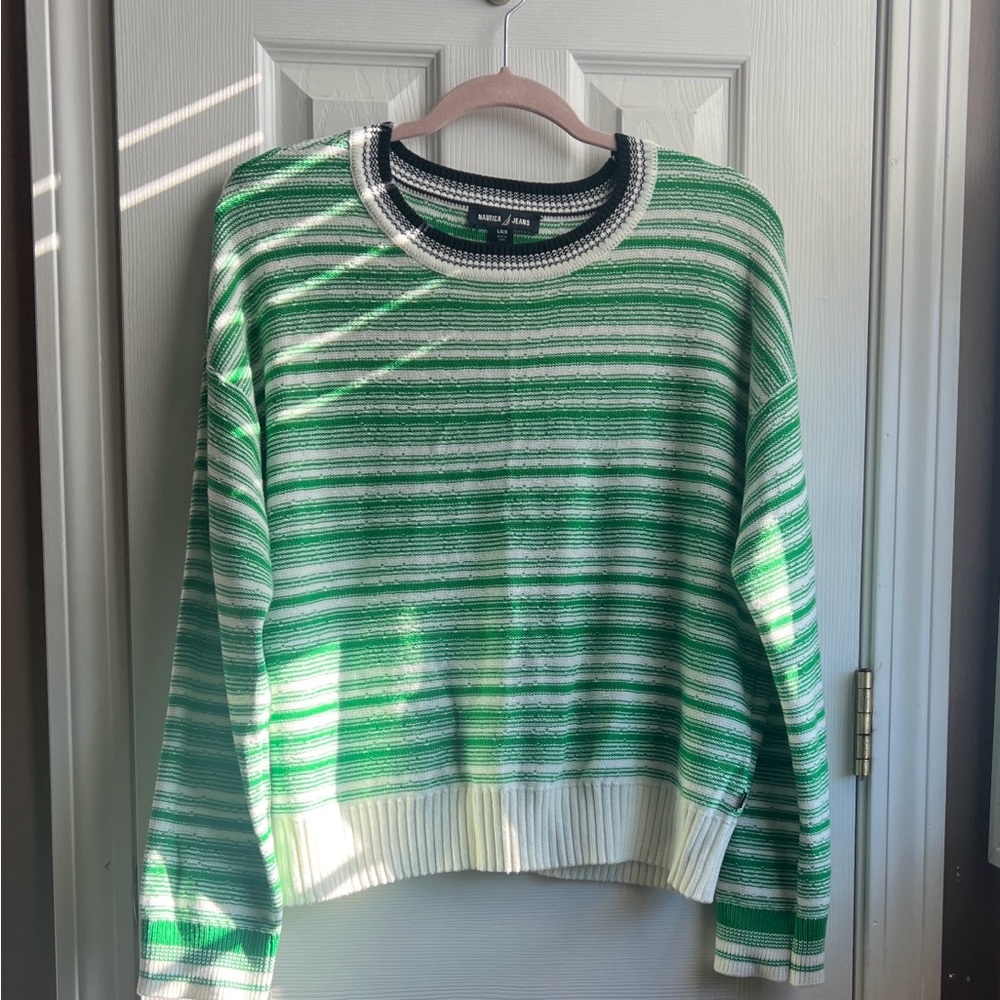 Nautica Green and White Striped Crew Neck Sweater